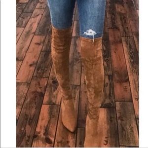 Aquatalia cognac suede thigh high or slouch boot